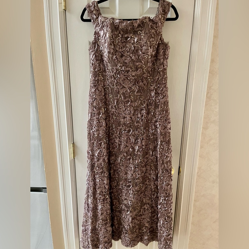 Alex Evenings Rosette Lace and Sequin A-line Petite Gown in color mink (taupe)